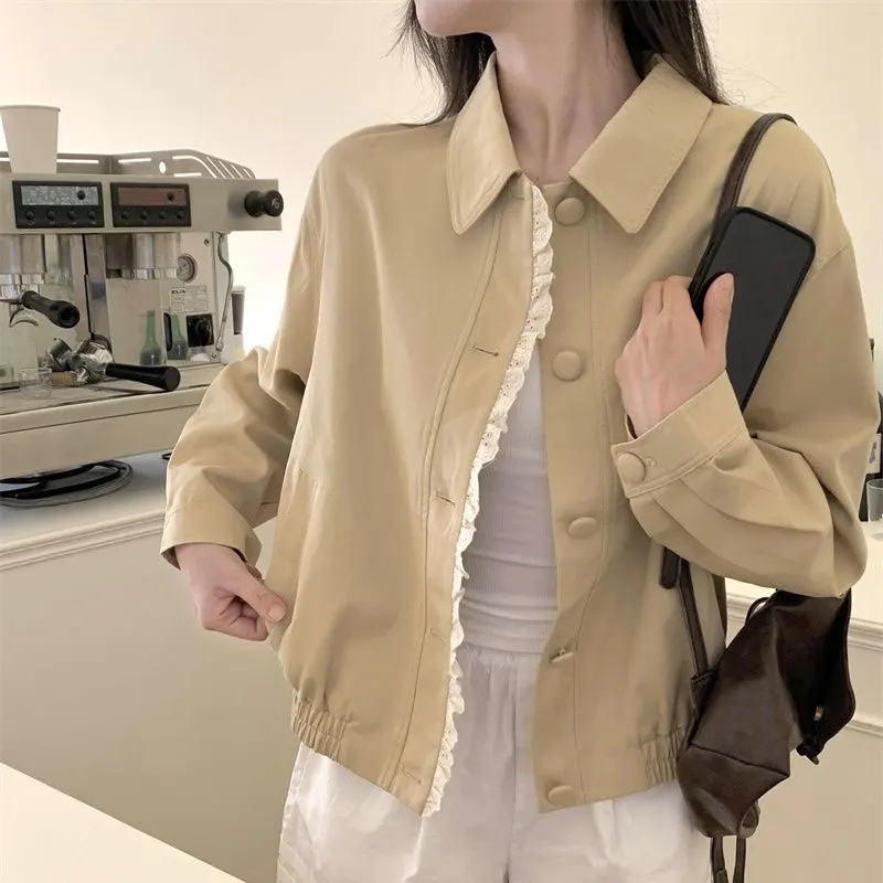 Abbigliamento da donna Cappotti corti tinta unita Colletto rovesciato vintage Autunno Elegante pizzo impiombato Giacche basic casual a maniche lunghe - immagine 3