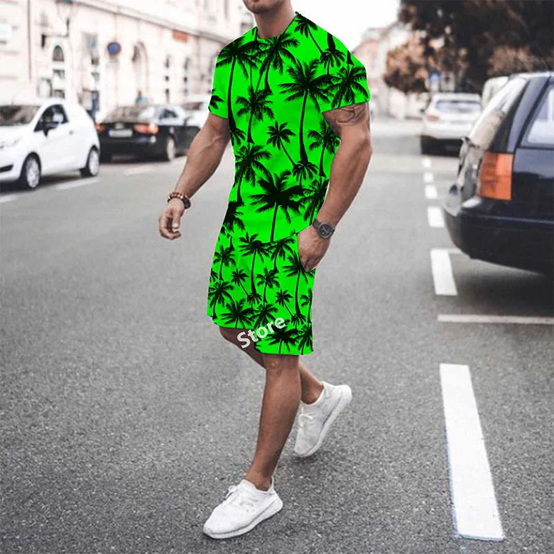 Maple Leaf 3D Printed Summer Sets Short Sleeve Beach Shorts Sportswear O-Neck T-Shirt 2 Piece Tracksuit Suits For Men Clothes