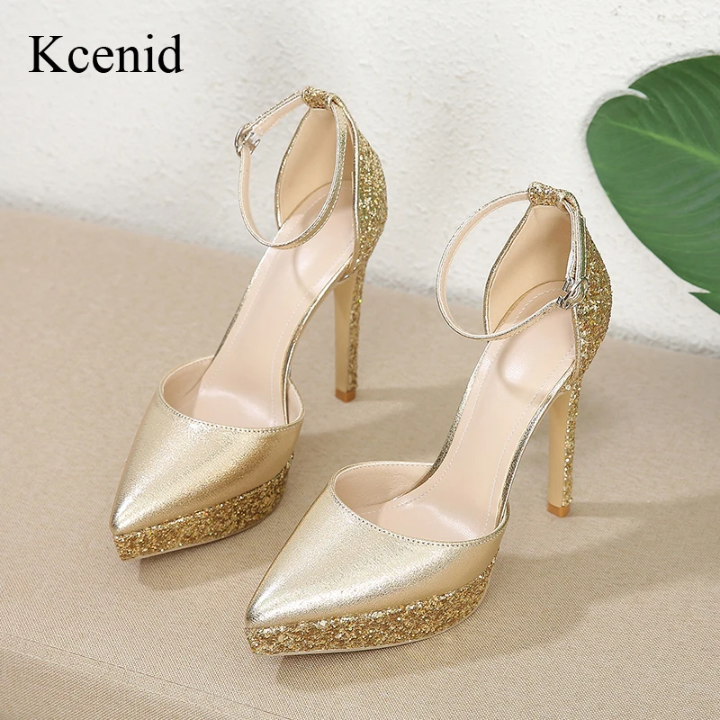 

Kcenid Summer Ladies Dress Wedding Shoes Woman Fashion Sequined Cloth Stiletto High Heel Sexy Pointed Toe Platform Pumps Sandals