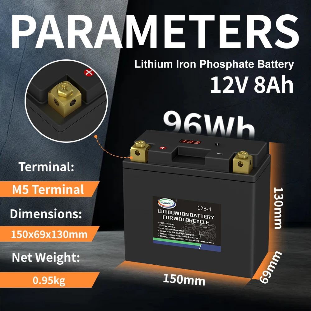 LiFePo4-オートバイ用リチウム電池,12V, 8Ah, 450cca,bms付き充電式 