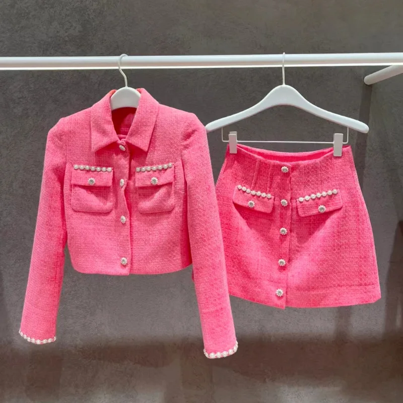 Women Pink Tweed Short Coat or Mini Skirt Set with Pearl Diamond Buckles  2023 New Ladies Long Sleeve Jacket Jupes Suits - AliExpress