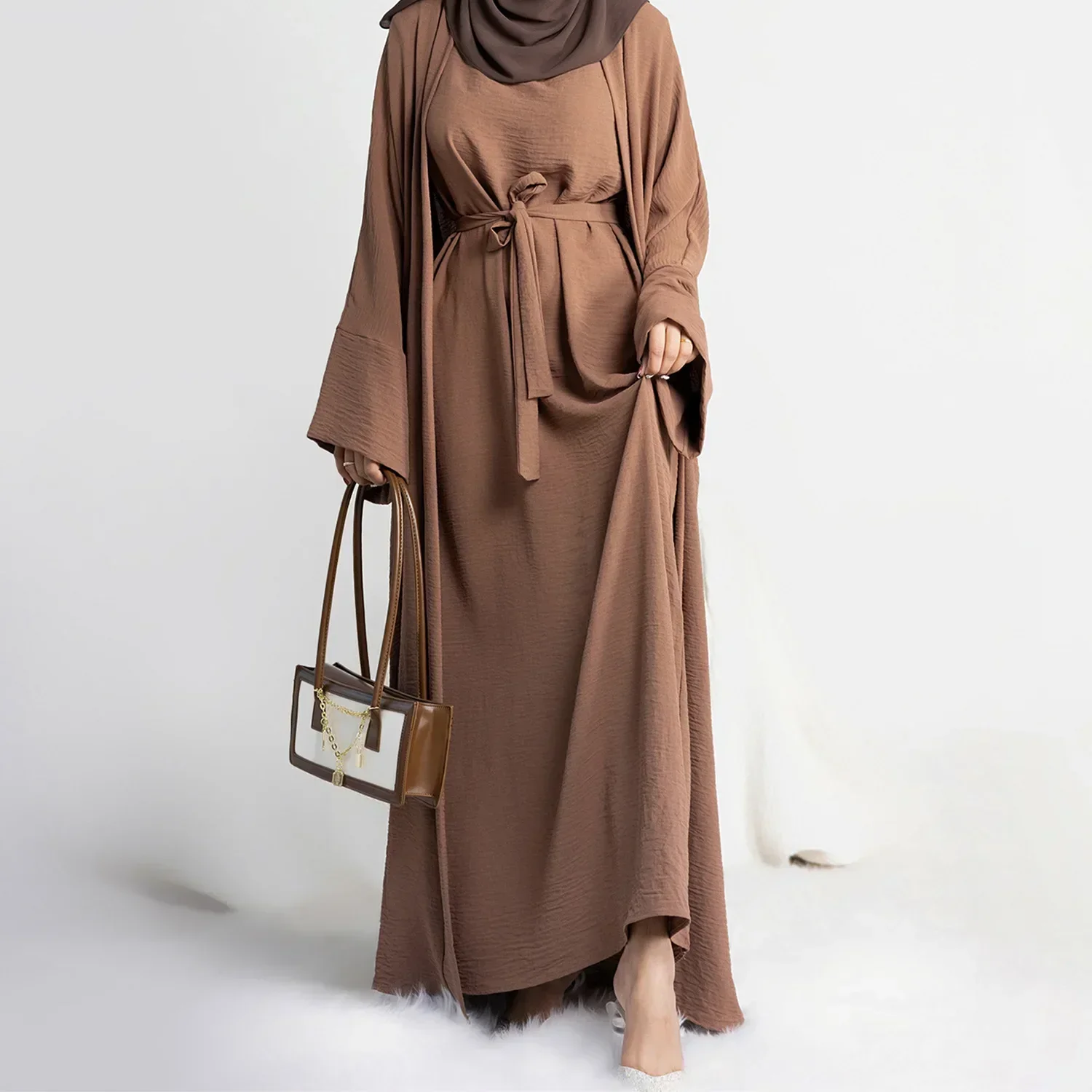Muslim Woman Set 2 Pieces Open Abaya + Sleeveless Inner Hijab Dress Matching Outfit Suit Dubai Turkey Kimono Islamic Clothing