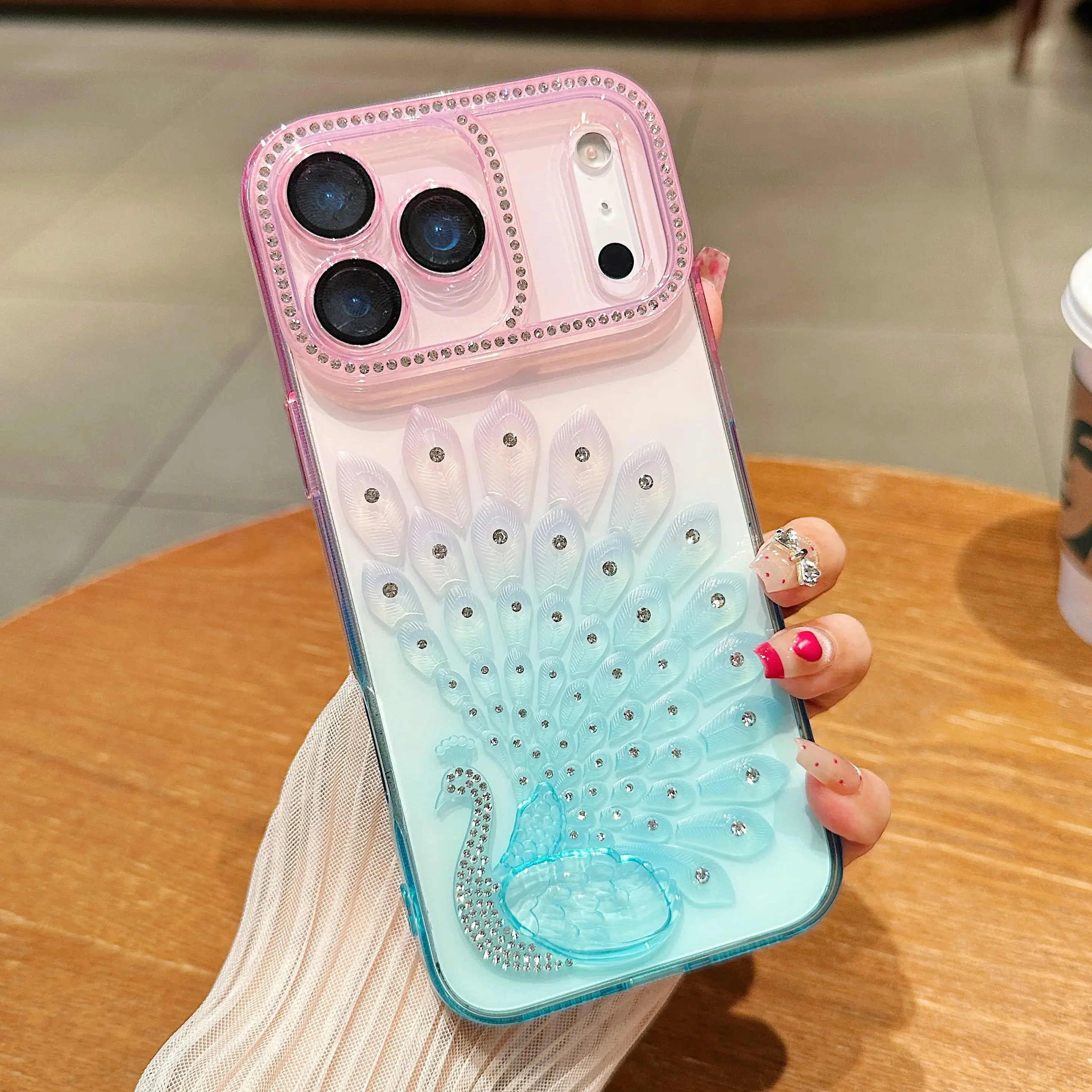 Colorful Peacock Diamond Aesthetic Gradient Clear Case with Lens Protection