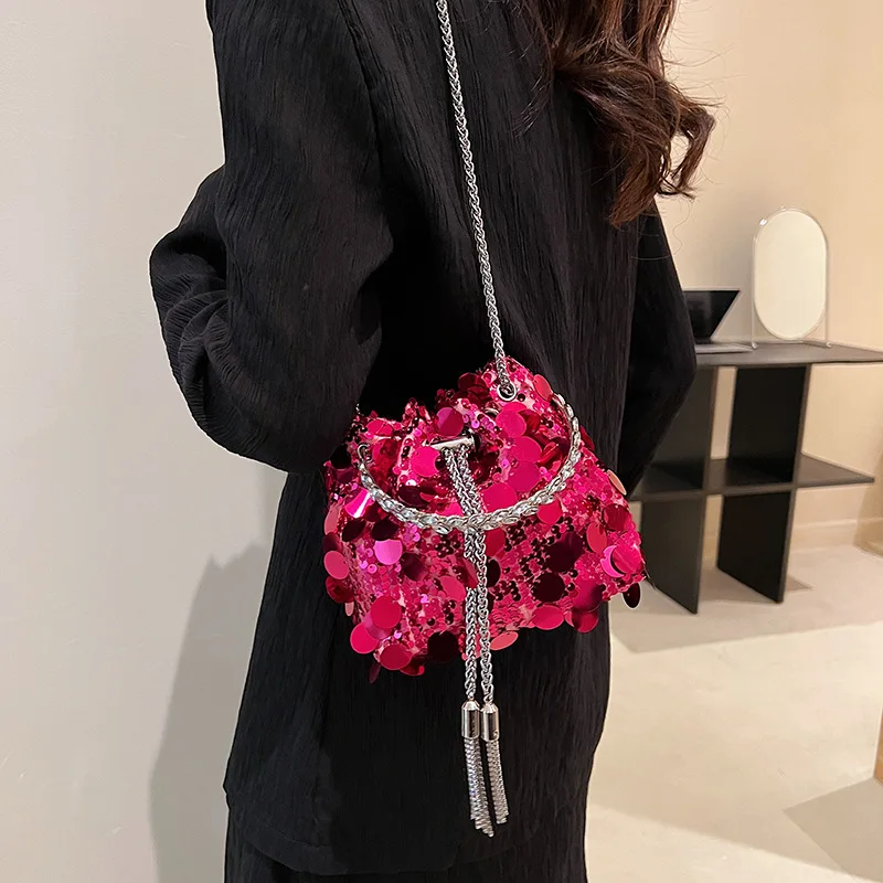 2023 New Luxury Sequin Bucket Bags For Women Round Metal Wrist