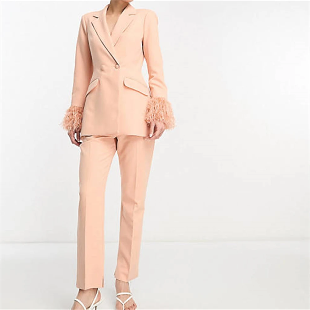 Feather Detail Women 2-Piece Suit Set One Button Chic Slim Fit Girl Tuxedo Set Pantsuit Jacket Trousers Set