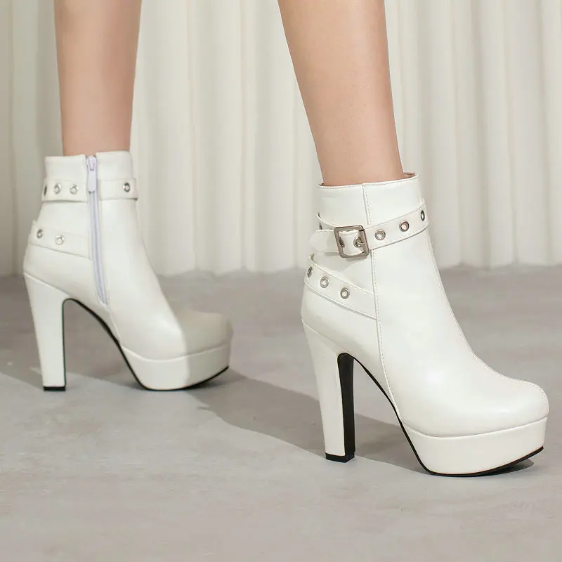 

Extra Big Size 48 49 50 White Elegant Ladies Pumps Winter Warm Stiletto Booties Round Toe Platform Spike High Heels Modern Boots