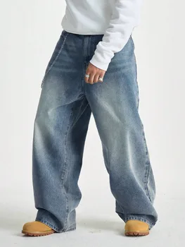 1Pc Men's Wide Pants Brushed Jeans Wide Jeans Y2K New Rocks Jeans Buggy Black Hip-Hop Pants 1