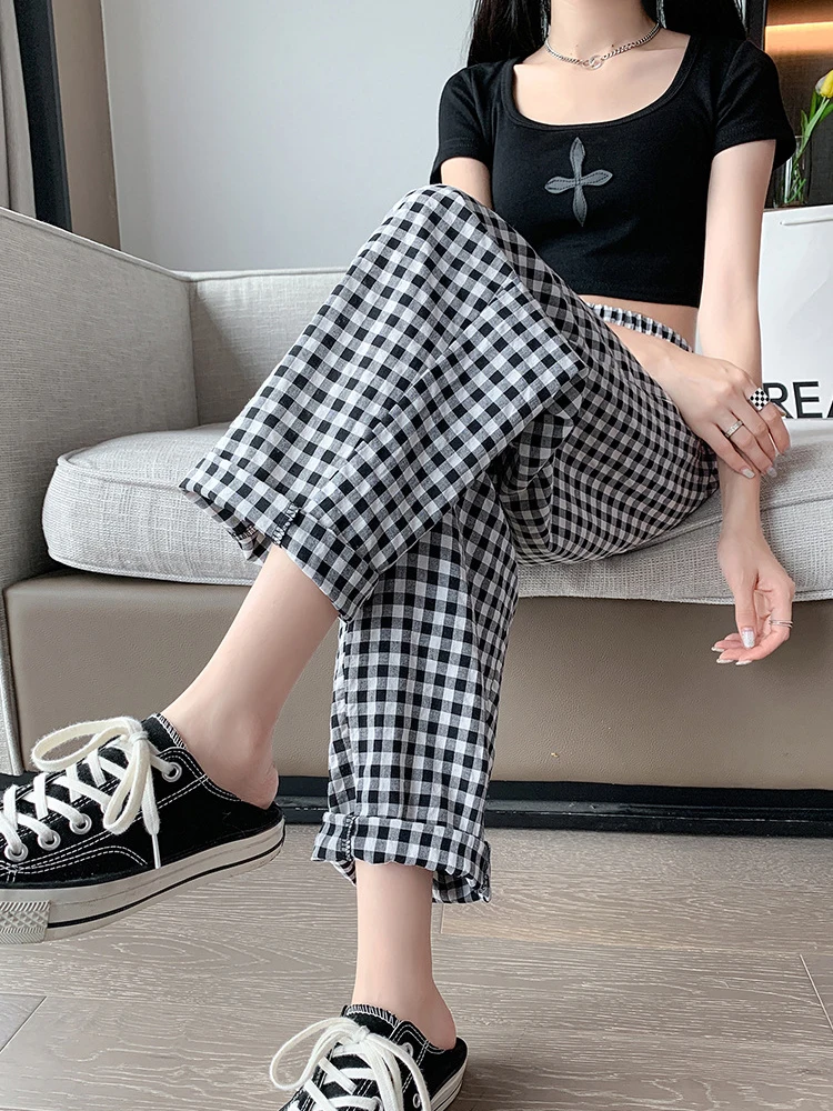 

Korean Pink Cotton Linen Plaid Pants for Women 2023 Autumn Casual Baggy Capri Home Pants Women's Wide Trousers Joggers Slacks