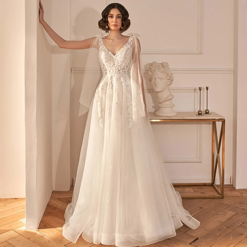 

Eightre Boho Beach Wedding Dresses V-Neck A-Line Appliques Bride Dress Sleeveless Princess Wedding Evening Prom Gowns Plus Size