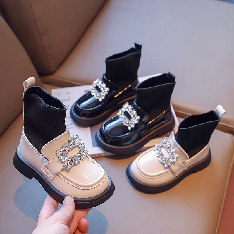 Child Fashion Boots 2022 Spring and Autumn New Girls Rhinestone Princess Square Rhinestone Buckle Breathable Sock Shoes Korean
