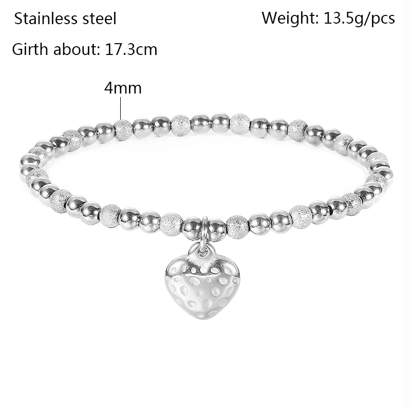 Metal Waterproof Durable Stainless Steel Jewelry Lovers Retro Heart-Shaped High Quality Frosted ball Shiny Bead Elastic Bracelet 5