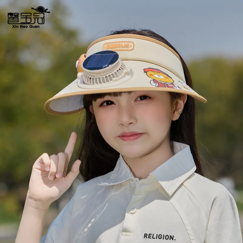 3-10세 어린이용 USB 충전 팬 태양광 팬이 있는 챙 넓은 빈 상단 햇빛 가리개 모자 (남아/여아 야외용)