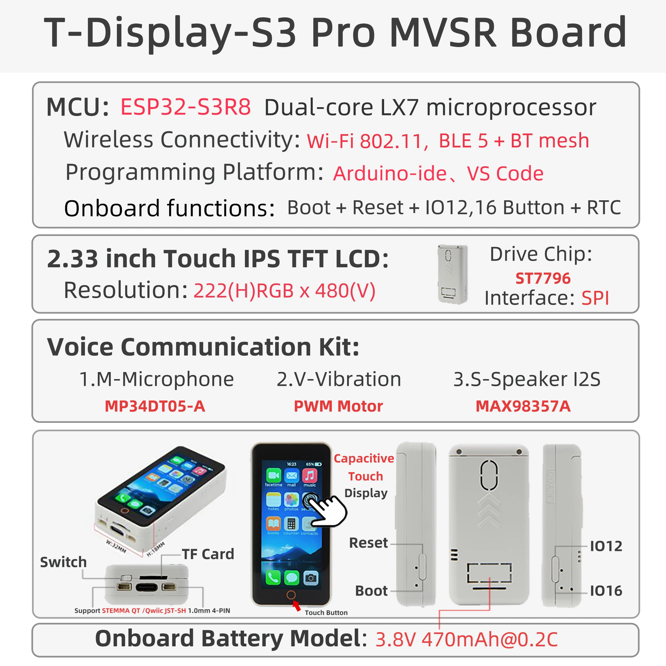 ® T-Display-S3-Pro ESP32-S3 Touch Display 2.33-inch LCD Development Board I2C Di