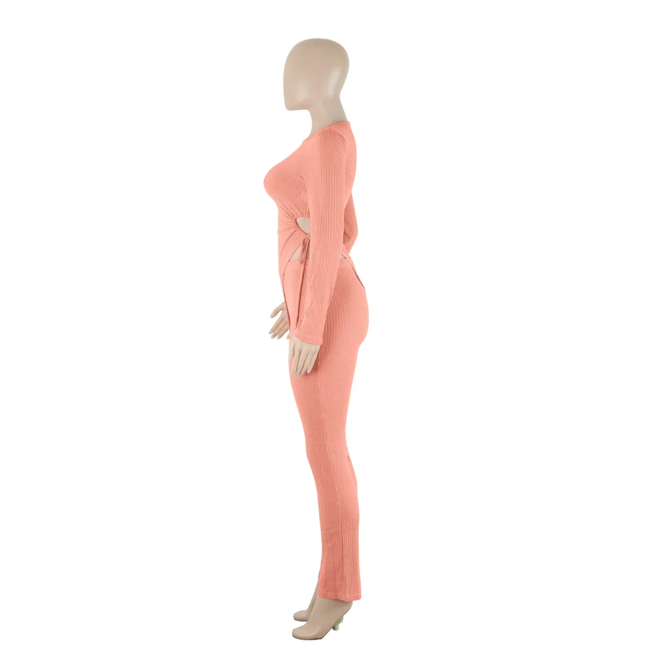 Knit Screw Thread 2 Piece Sets Women Outfit Solid Asymmetrical Lace Up Hollow Out Top Suit Fall Winter Casual Skinny Pant Sets