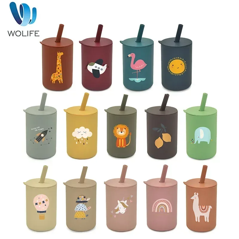 WOLIFE 1Pc Baby Cartoon Silicone Cups with Straw BPA Free Infants Learning Drinking Cup Food Grade Silicone Toddler Water Bottle