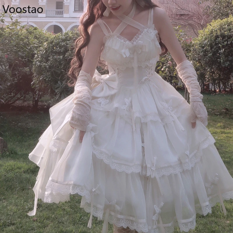 Sweet White Lolita Jsk Dress Victorian Retro Women Elegant Lace Butterfly Sleeveless Flower Wedding Party Dress Kawaii Vestidos