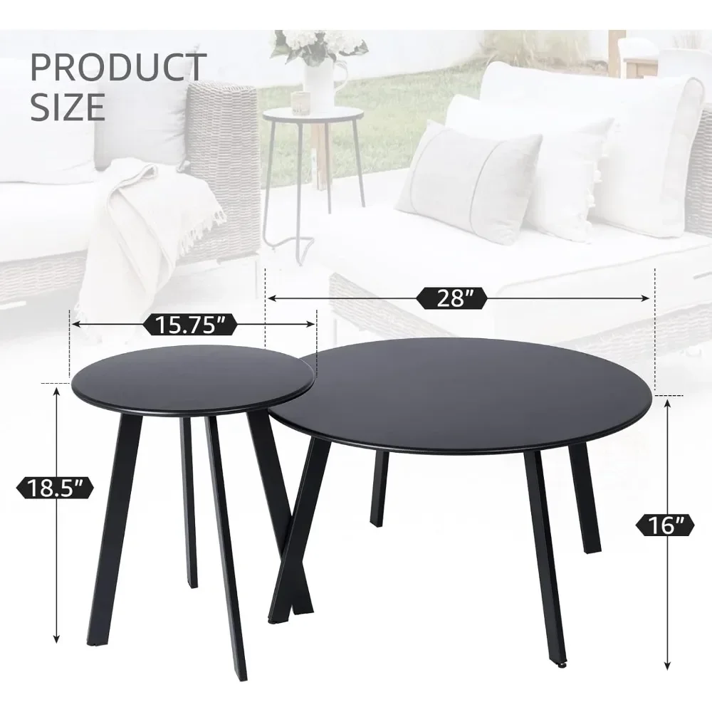 Patio Coffee Table Set of 2, Weather Resistant Outdoor Round End Table, Nesting Tables for Living Room Balcony Office, Black