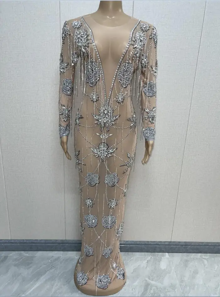 

Sexy Dancer Performance Costume Silver Rhinestone Crystals Chains Transparent Long Dress Evening Birthday Celebrate Dress