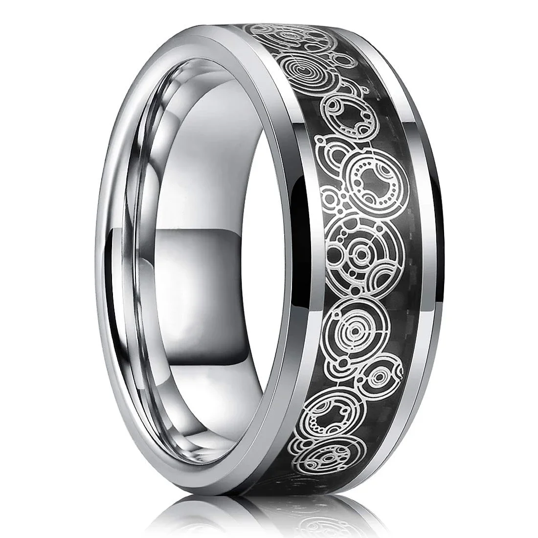 Sophisticated Silver Titanium Stainless Steel Men's Ring with Black Carbon Fiber Accent