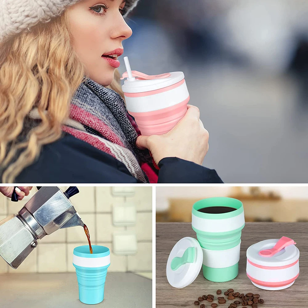 Compact Silicone Collapsible Cups with Lid - 12 Oz Reusable Portable Travel Mugs