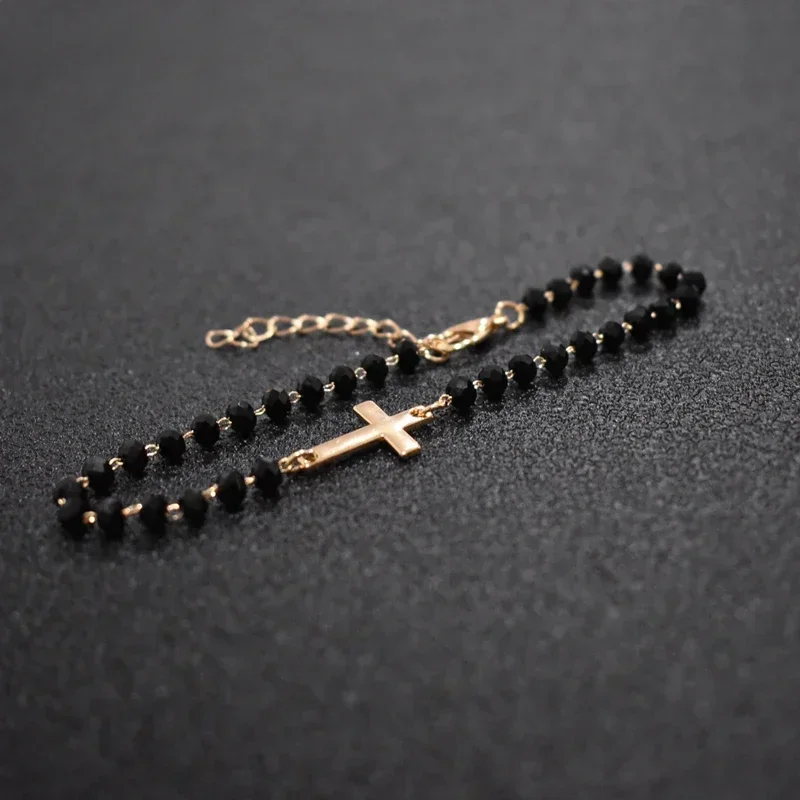 Bracciale Rosario Oro Giallo 18 kt Pendenti Croce e Medaglietta Madonnina