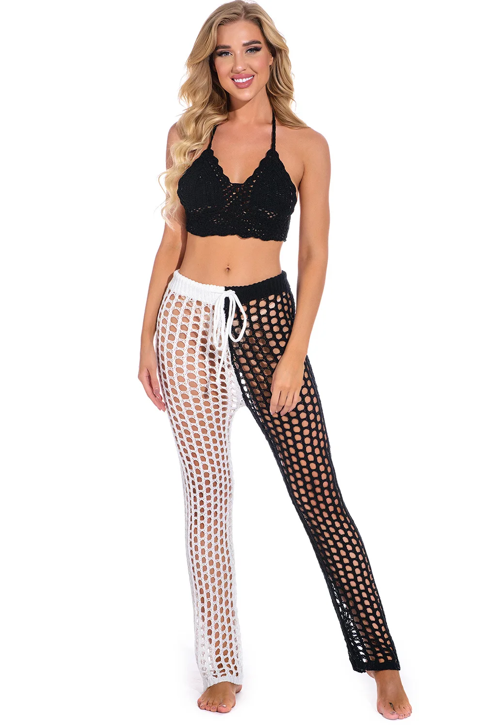Hollow Out Color Matching Hand Crocheted Casual Pants DIY Woven Sexy Vacation Beach Sun Protection Pants