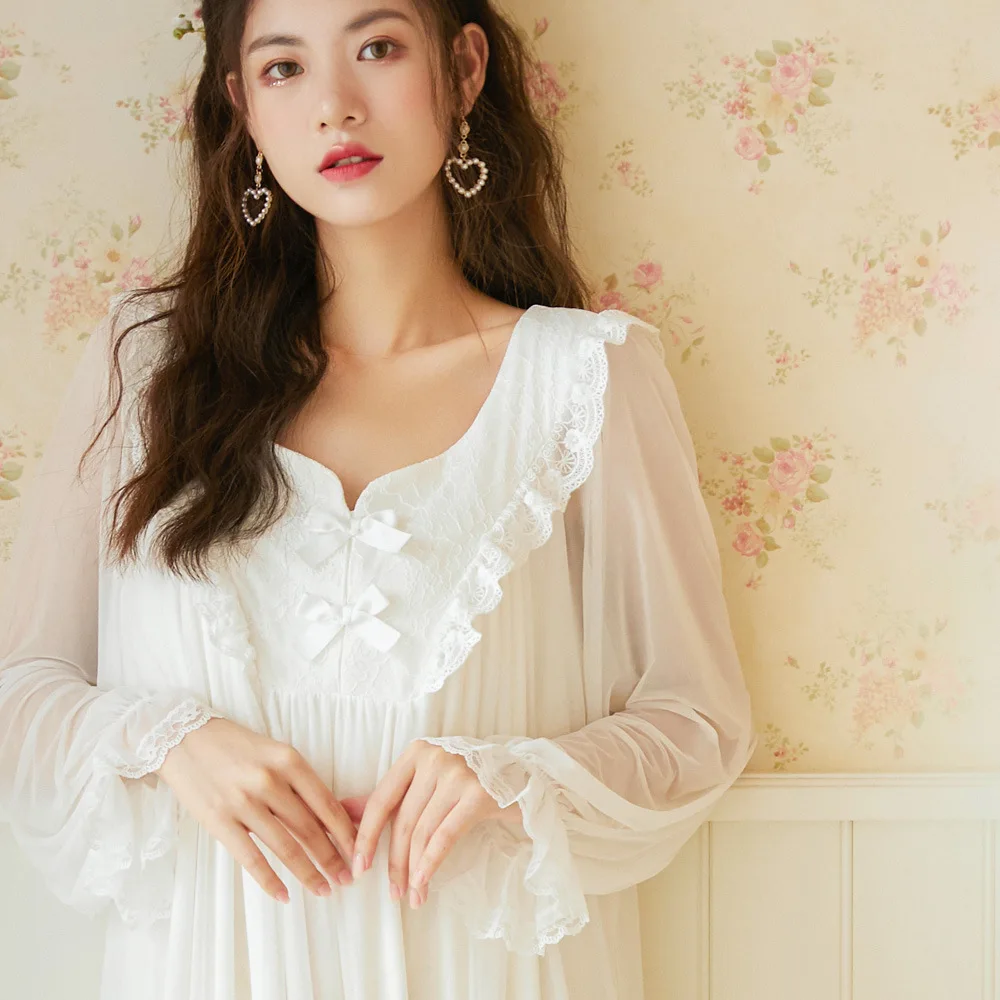 

Винтажная кружевная ночная рубашка, женская ночная рубашка, халат, пеньюар, белая сетка, модал, длинный халат, Сказочная одежда для сна, женская