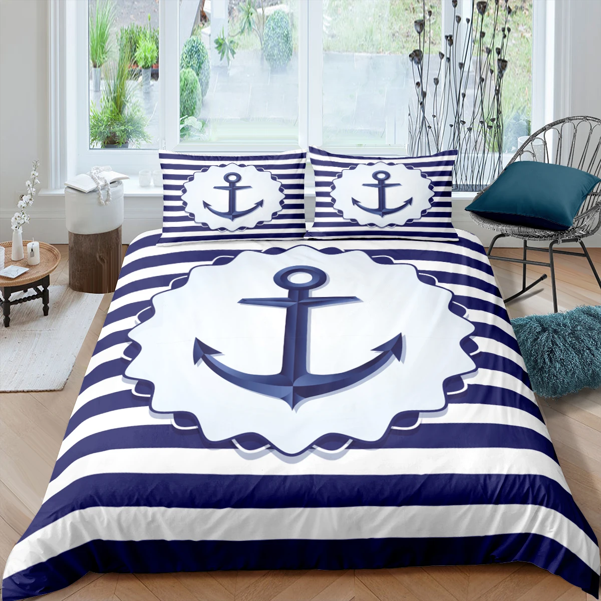 

Home Living Luxury 3D Anchor Bedding Set Blue Stripes Duvet Cover Pillowcase Queen and King EU/US/AU/UK Size Comforter Bedding