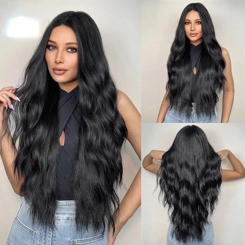 

European and American Style 66cm Black Long Curly Wig for Women Full Head Synthetic Fiber Wig