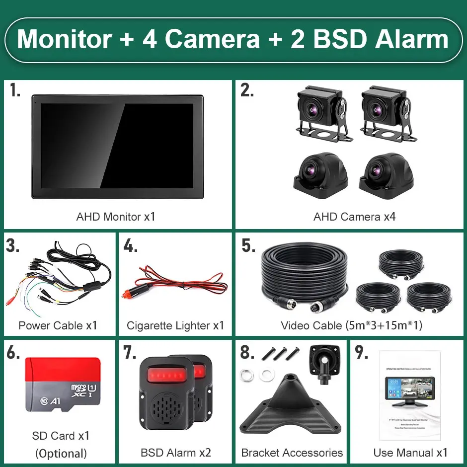 9 Quad Monitor Dash Cam DVR 4CH AHD Camera For Semi Truck Bus Caravan  Trailer