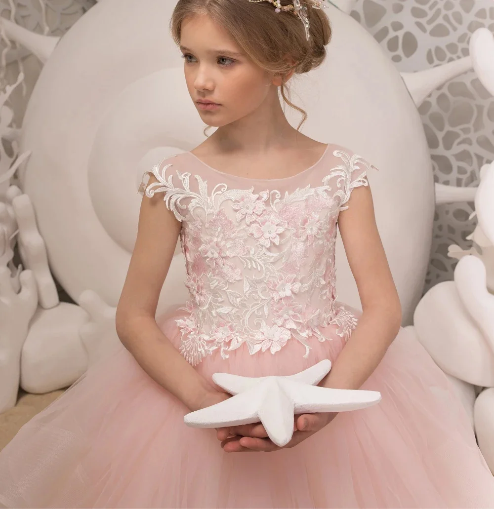 

Pink Applique Flower Girl Dress For Wedding Tulle Puffy Layered Sleeveless Princess Formal Holy Communion Gown Birthday Dresses