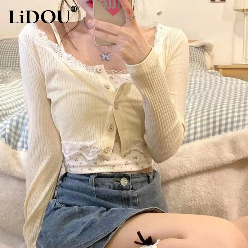 

Spring Autumn Women's Sweet Lace Patchwork Cardigan Sweater Sexy Slip Top Female Long Sleeve Casual Knitting Coat Suspender Vest