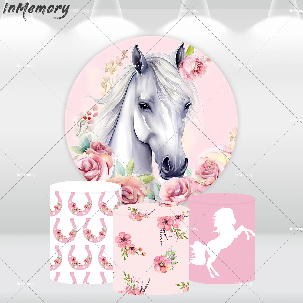 

Girls Birthday Decorations Horse Round Backdrop Cover Princess Cowgirl Baby Shower Circle Background Flowers Cylinder Covers