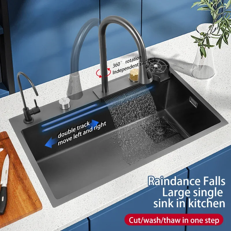 New Black Nanometer 304 Stainless Steel Waterfall Kitchen Sink 3MM Thickness Large Single Slot Above Mount Waterfall Faucet