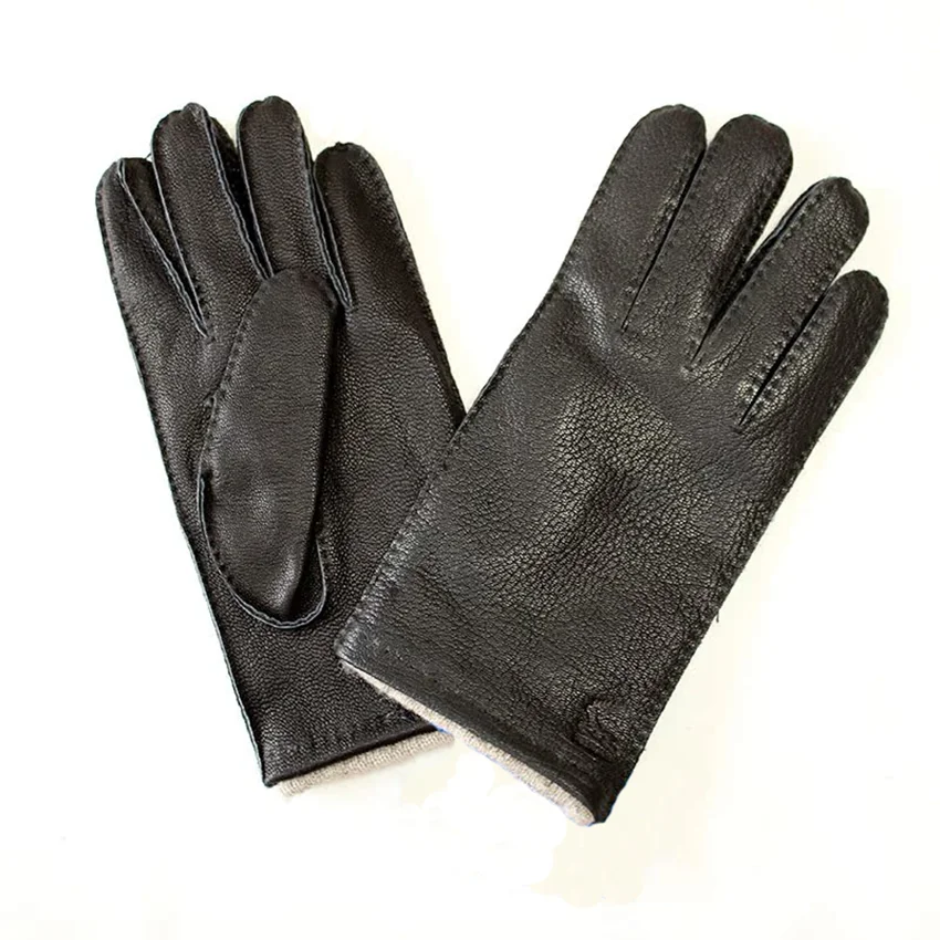 Deer Skin Gloves Men's Touch Screen Dark Brown Genuine Leather Retro Style Autumn and Winter Warm Motorcycle Riding Gloves