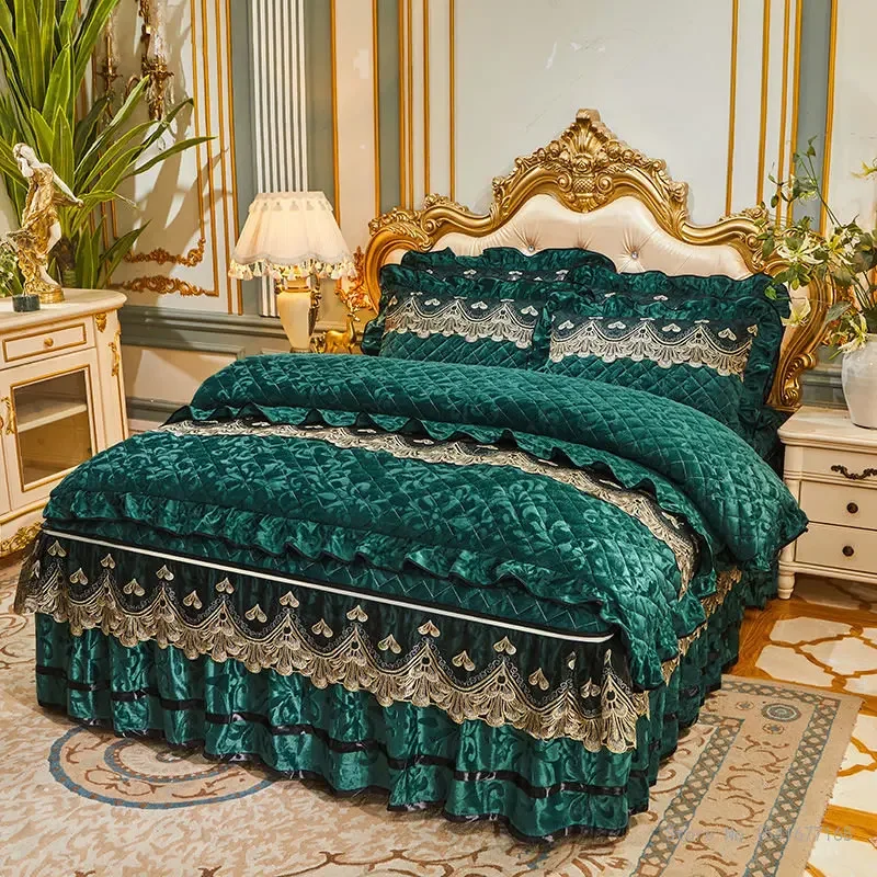 Removable and Washable Cotton Quilt Cover and Pillowcase Set, Cotton Clip, Thickened Quilt Cover, Bed Skirt, Winter, 4 Piece