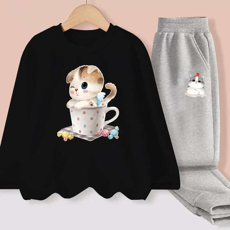

Aimi Lakana Baby Girls Spring Sets Kitty Cat Cartoon T-shirt Cotton Pants Children Long Sleeve Clothing Casual Dresses