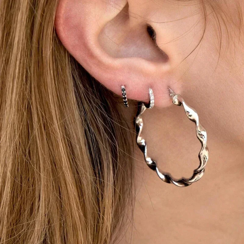 925 Sterling Silver Ear Buckles Fashion Hoop Earrings Black Crystal Pendant Silver Earrings High Quality Women's Jewelry Gifts