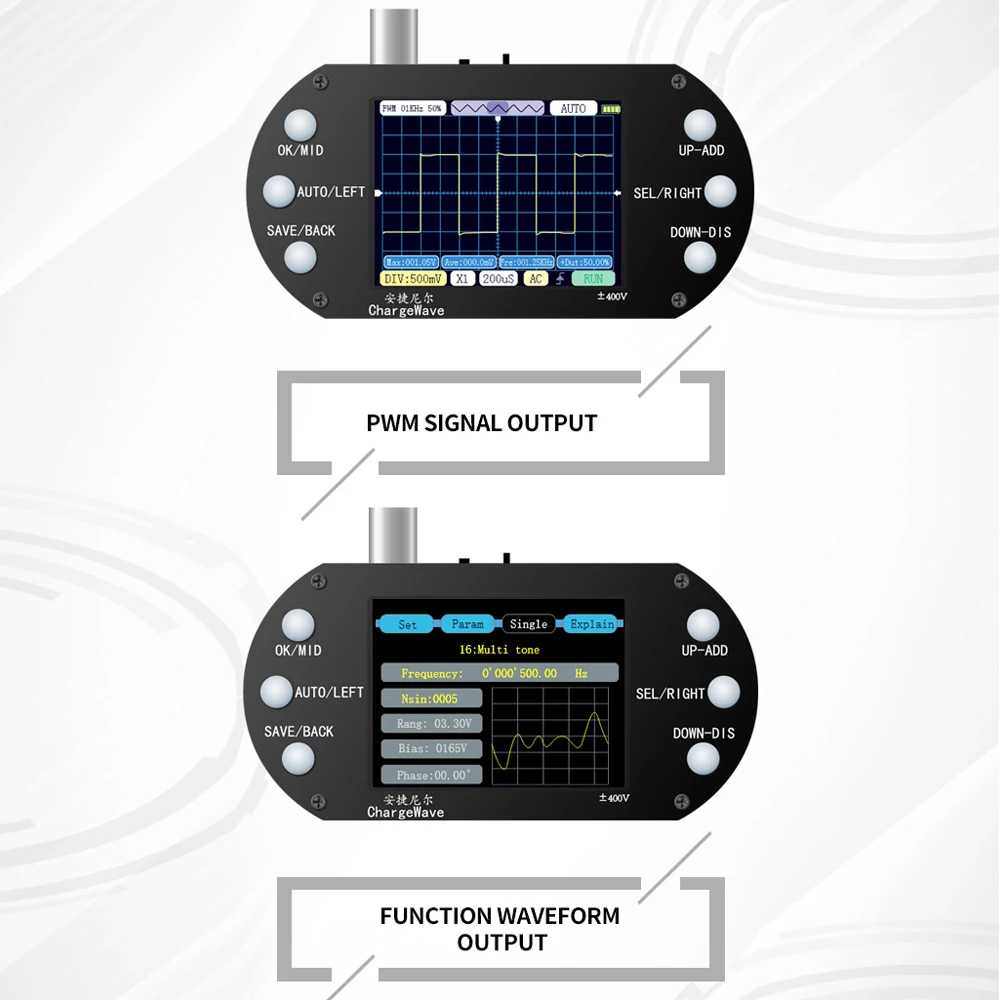 Digital Oscilloscope Handheld Mini 500KHz Bandwidth 2.5MSa/s Sine Wave/Square Wave/Half Wave/Zinke Pulse Wave Entry-Level