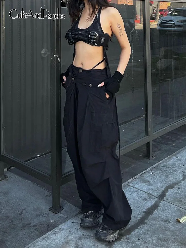 

Cuteandpsycho Gothic Streetwear Baggy Trousers Y2K Aesthetic Chic Loose Fashion Black Tech Pants Casual Solid Harajuku Clothes