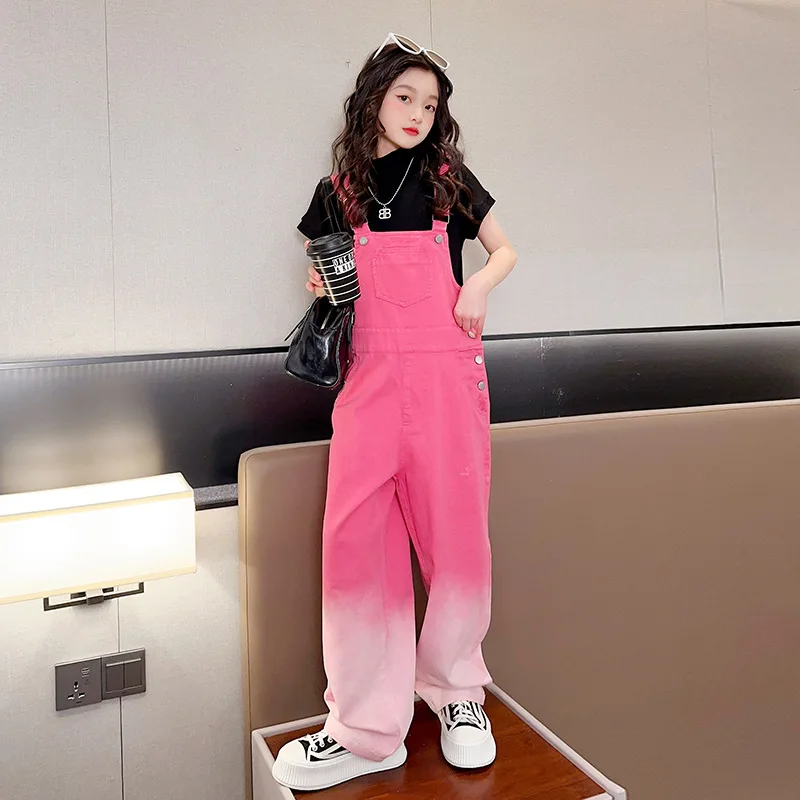 

Girl Denim Pantsuit With Suspenders Summer Kids Gradient Pants 2023 New Style Teenage Children's Jumpsuits Jeans 4 6 8 10 12 14Y
