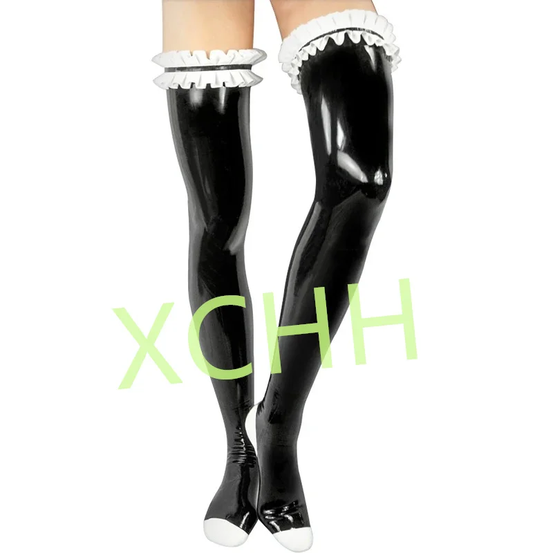 

Latex Stockings Black with White Gummi Feet Wear Foot Rubber Long High Stockings Plus Size Cospaly Costume Wear with Dress