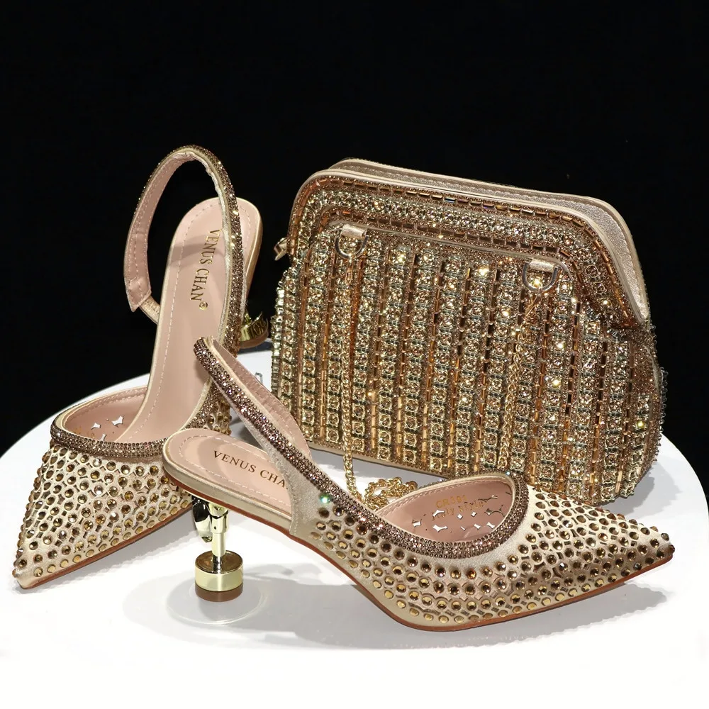 

Elegant Diamonds And Rhinestones High Quality Slingbacks Sandals Shoes Matching HandalBag Set For Nigerian Party Women