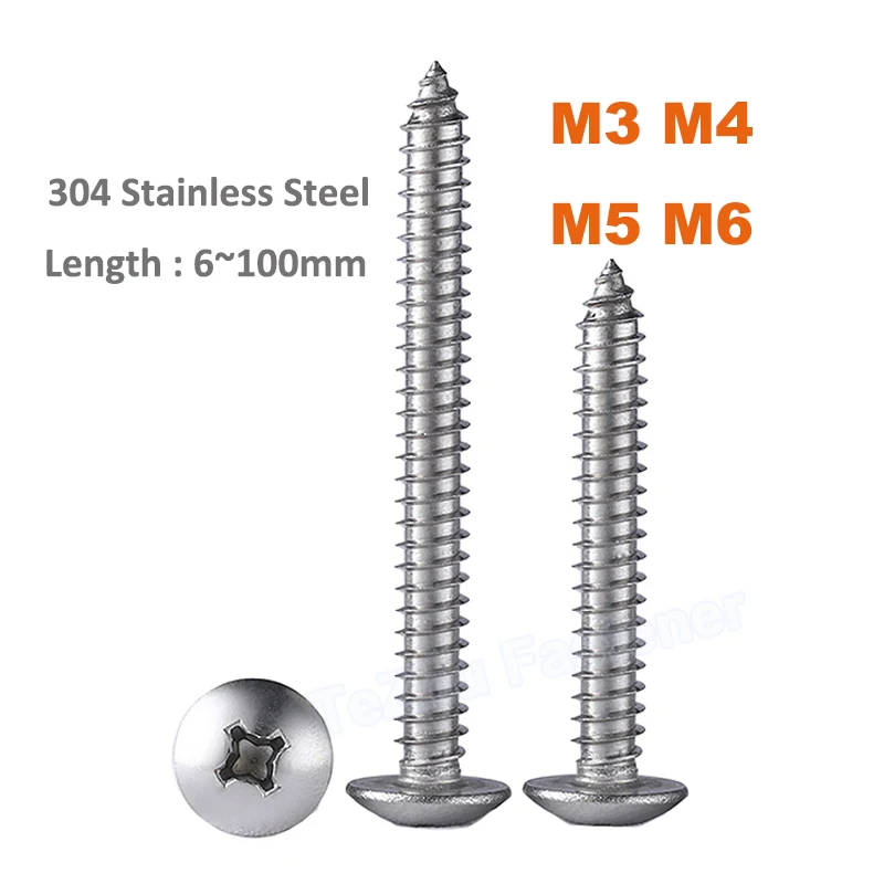 

2-20pcs M3 M4 M5 M6 316 Stainless Steel Phillips Truss Cross Recessed Large Flat Mushroom Head Self-tapping Wood Screw L=6~100mm