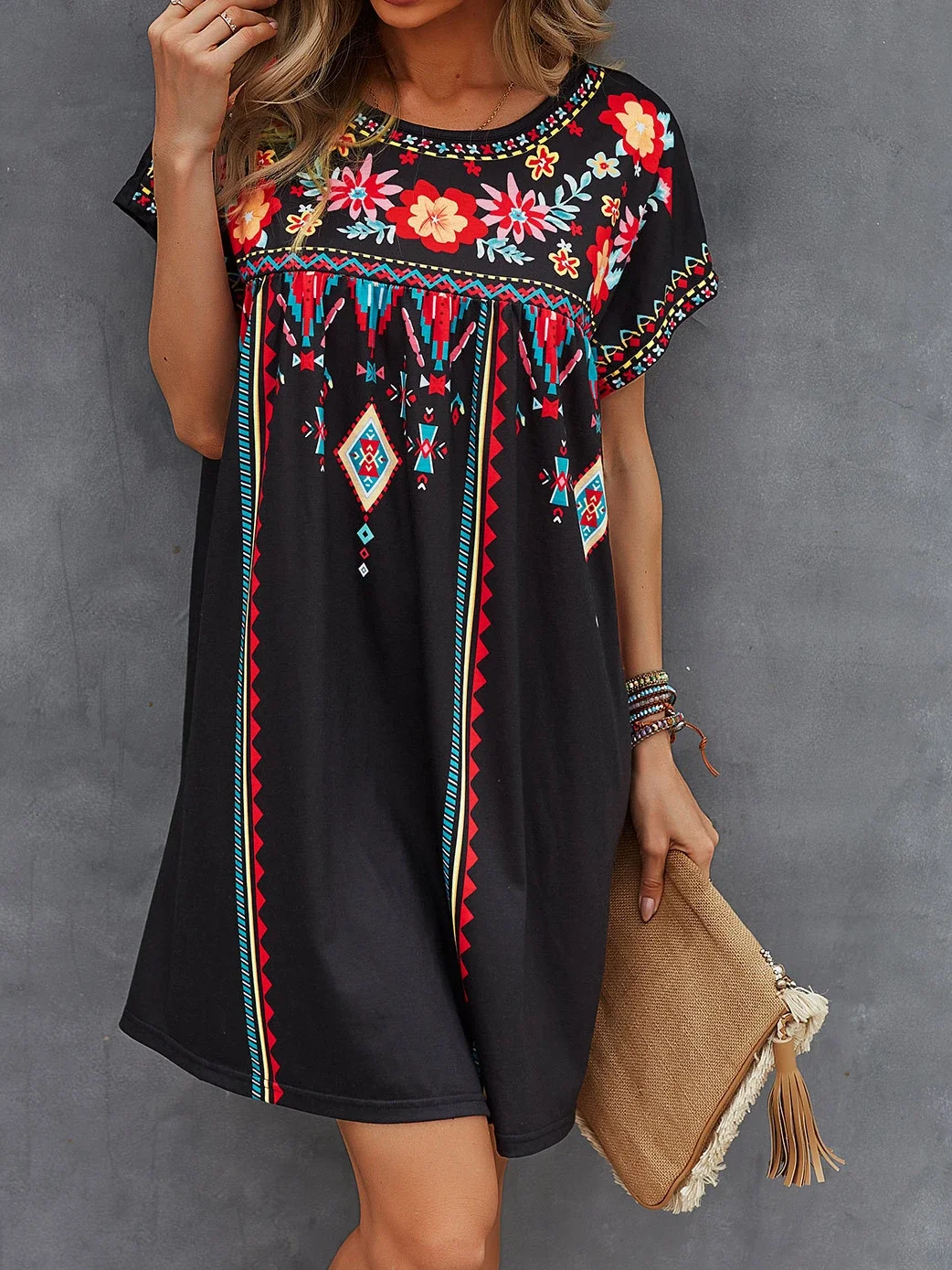 

Spring Summer 2024 Fashion New Elegant Dresses for Women Round Neck Loose Short Leisure Holiday Printed