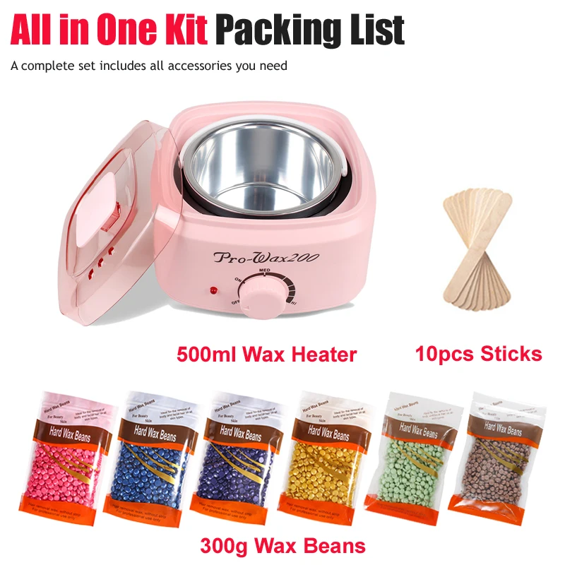 Pink 500ML Wax Heater Hair Removal Kit With Wax Professional Hair Removal Wax/Body Hair Removal Waxing Bean Heater/200g Wax Bean