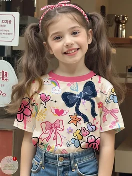 Girl's T-Shirt Cute Love Bow Pattern Children's Short Sleeve Tee Graphic T Shirts Y2k Clothes Girls Fashion Pullover Summer Tops