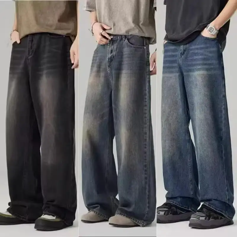 Loose Straight Leg Men's Jeans Retro Washed Vintage High Waist Zipper Closure Comfortable Cotton Denim for Daily Wear