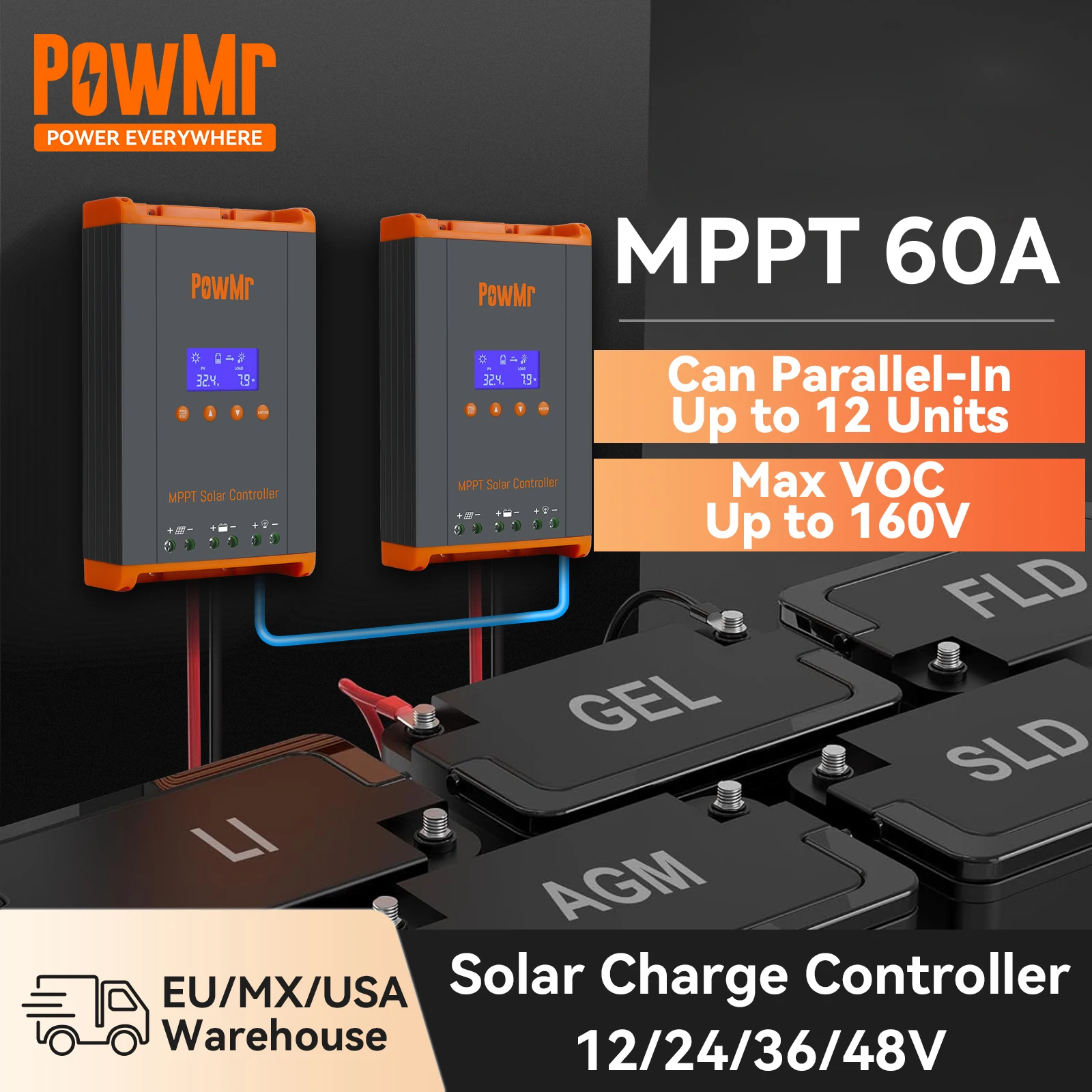 thumbnail image 2 of PowMr 60A MPPT Solar Charge Controller - 12V/24V/36V/48V Auto With Parallel Support 2 of 5