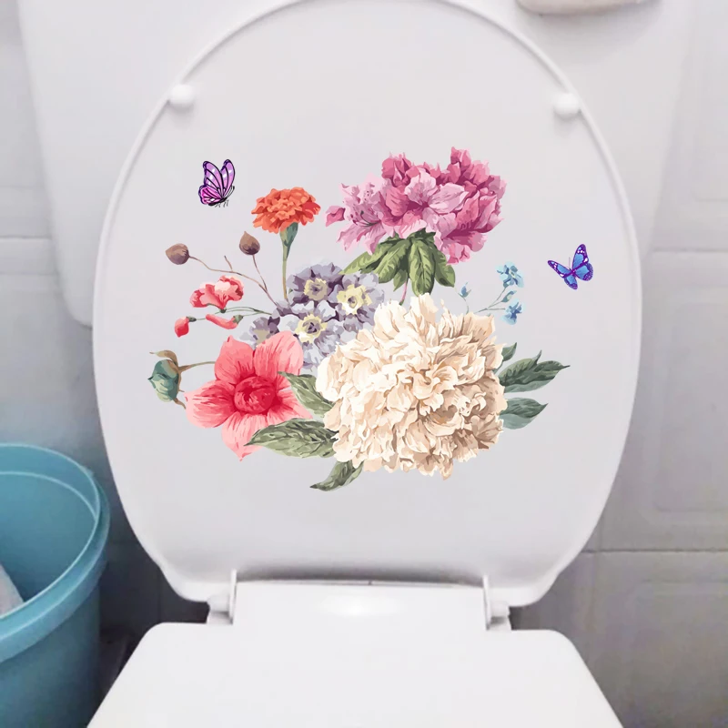 M484 Color Butterfly Peony Flower Toilet Sticker Bathroom Toilet Cover Wall Stickers Wc For Home Decoration